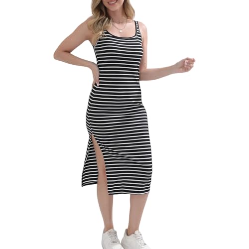 Sommer Ärmelloses Gestreiftes Eng anliegendes Kleid Quadratischer Hals Seite geteilt Weste Gerippter Pullover Kleider (DE/NL/SE/PL, Alphanumerisch, XS, Regular, Regular, Schwarz) von AUKLETBLIEF