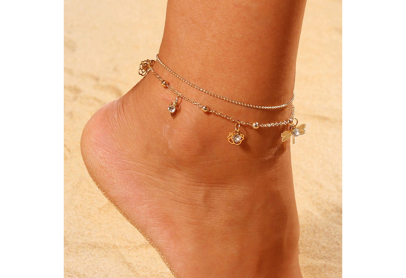 AUKUU Fußkette Fuß Fuß Accessoires Strand Stil doppellagiges Retro, Fußkettchen Diamant Fußkettchen mit kleiner Libelle von AUKUU