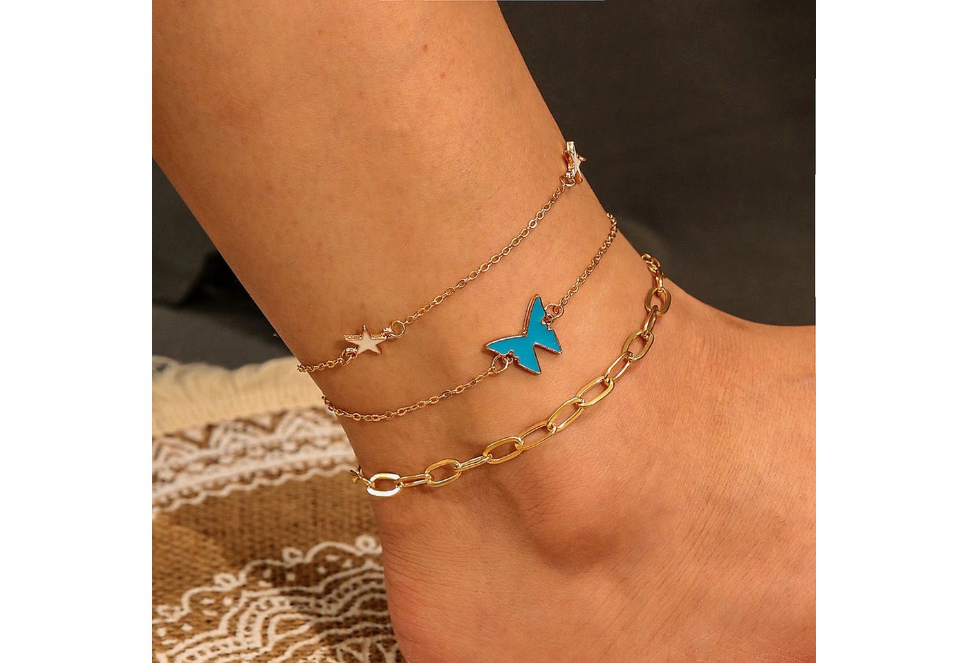AUKUU Fußkette Modisches Modisches blaues Stern Schmetterlings Fußzubehör 3, teiliges Set verstellbares Fußkettchen von AUKUU