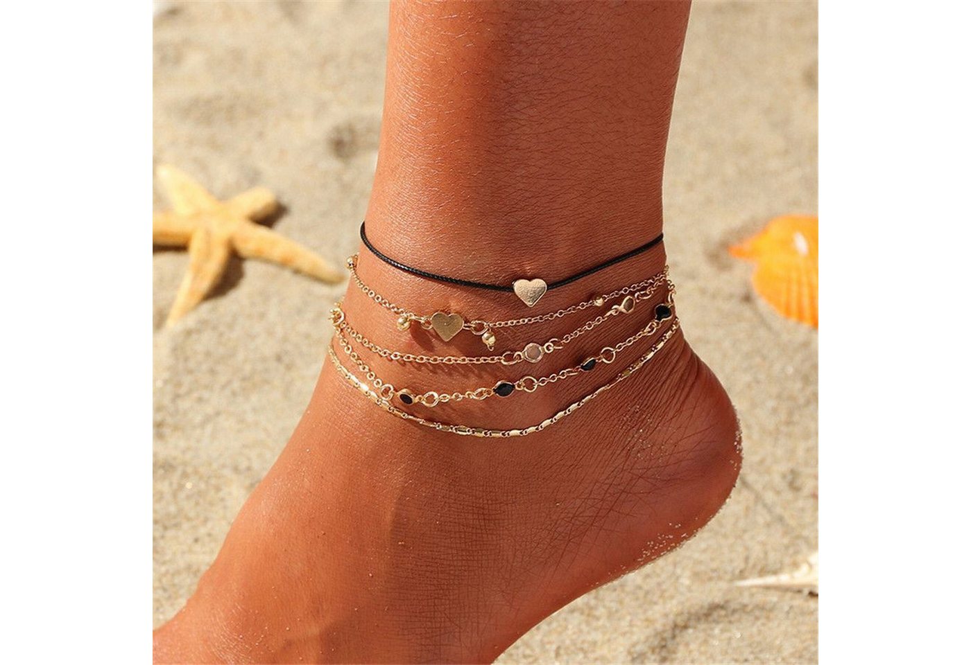 AUKUU Fußkette Sommer Sommer Strand Fußkettchen einfaches und modisches, Diamant Fußkettchen mit Liebesanhänger 5 teiliges Set von AUKUU