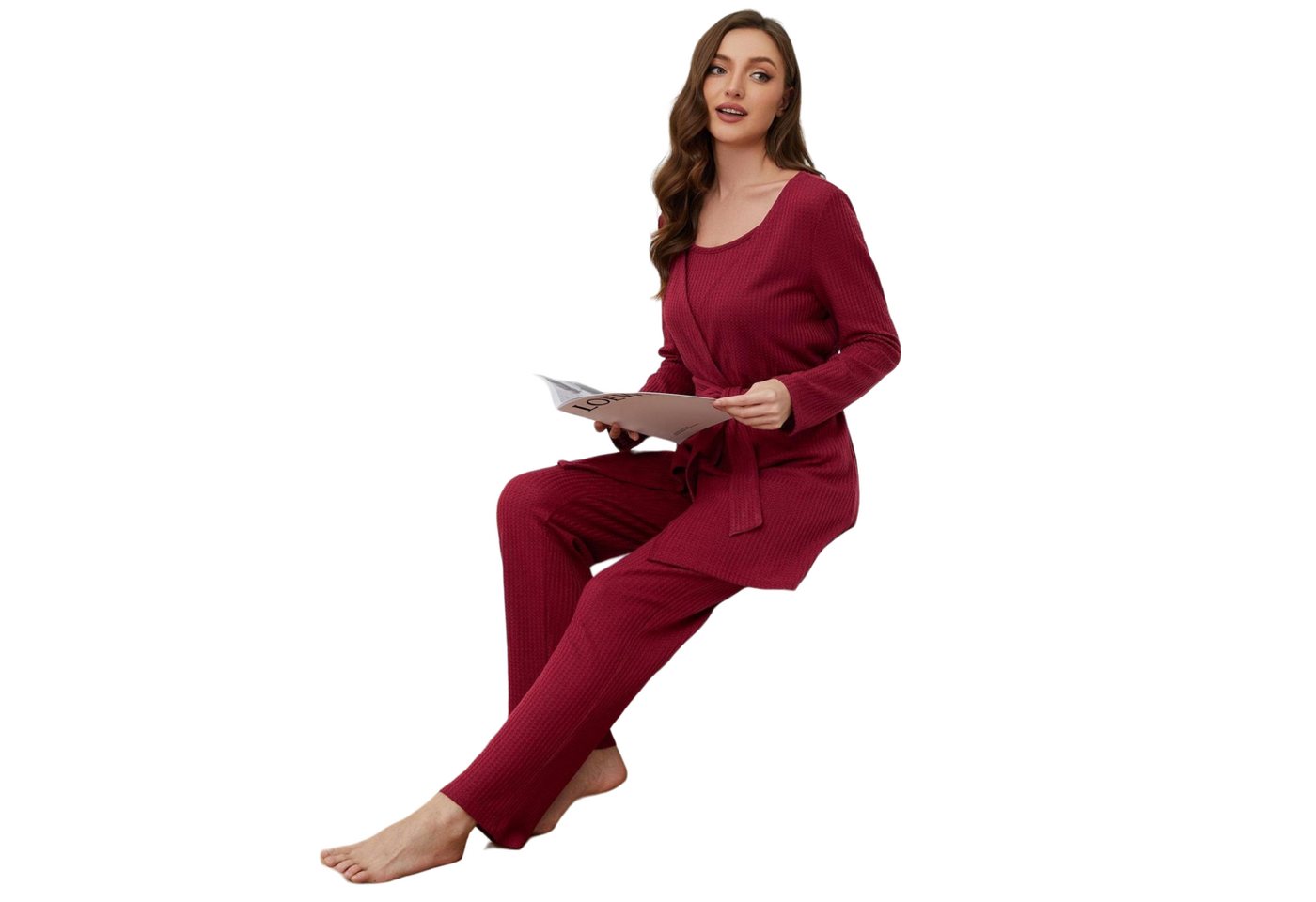 AUKUU Pyjama Damen Damen Pyjama Hosenträger Waffelmuster rote Spitze langärmelig Nachthemd Hose Heimkleidung dreiteiliges Set von AUKUU