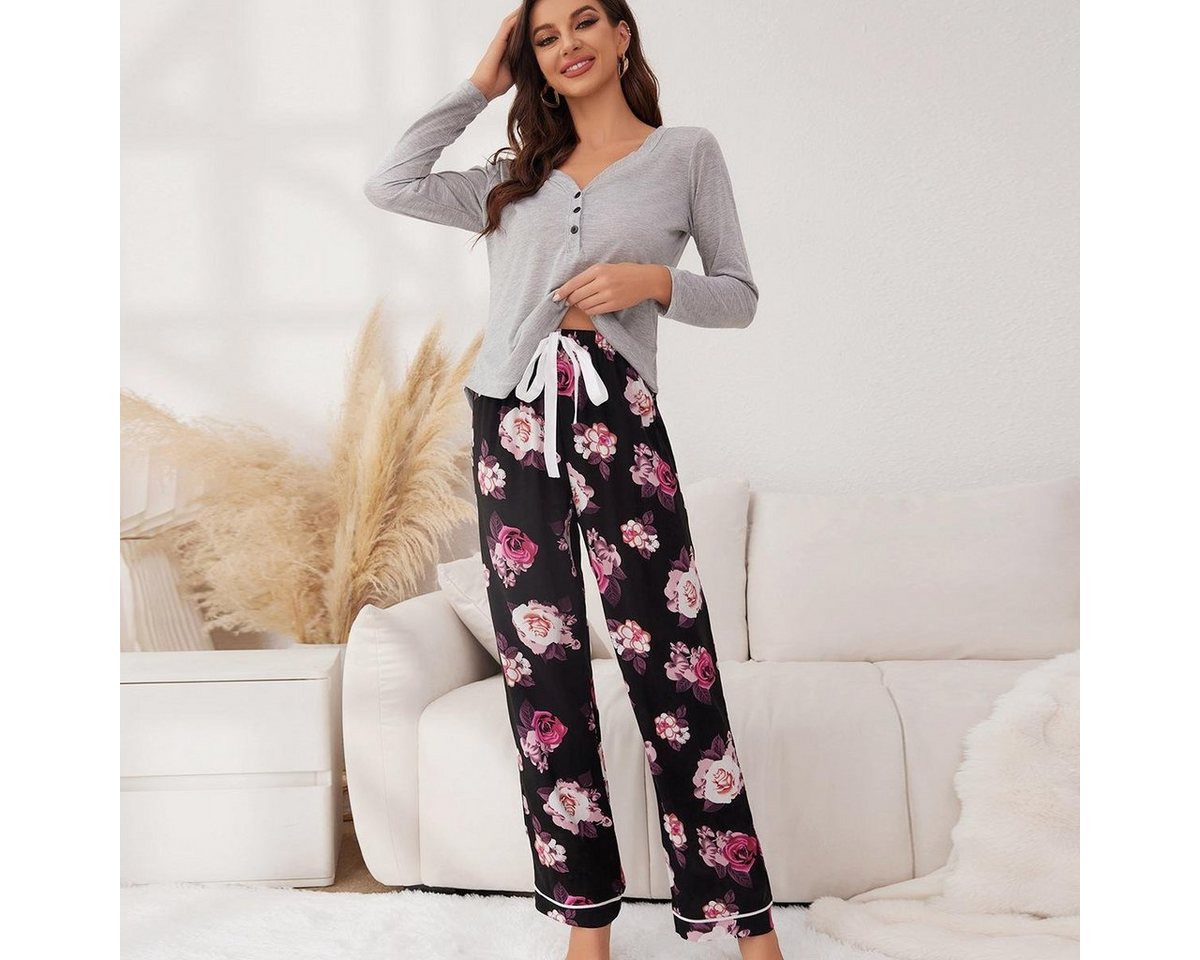 AUKUU Pyjama Damen Damen Pyjamas Herbst und Winter Blumendruck Langarmhosen Damen Home Wear Set kann draußen getragen werden von AUKUU