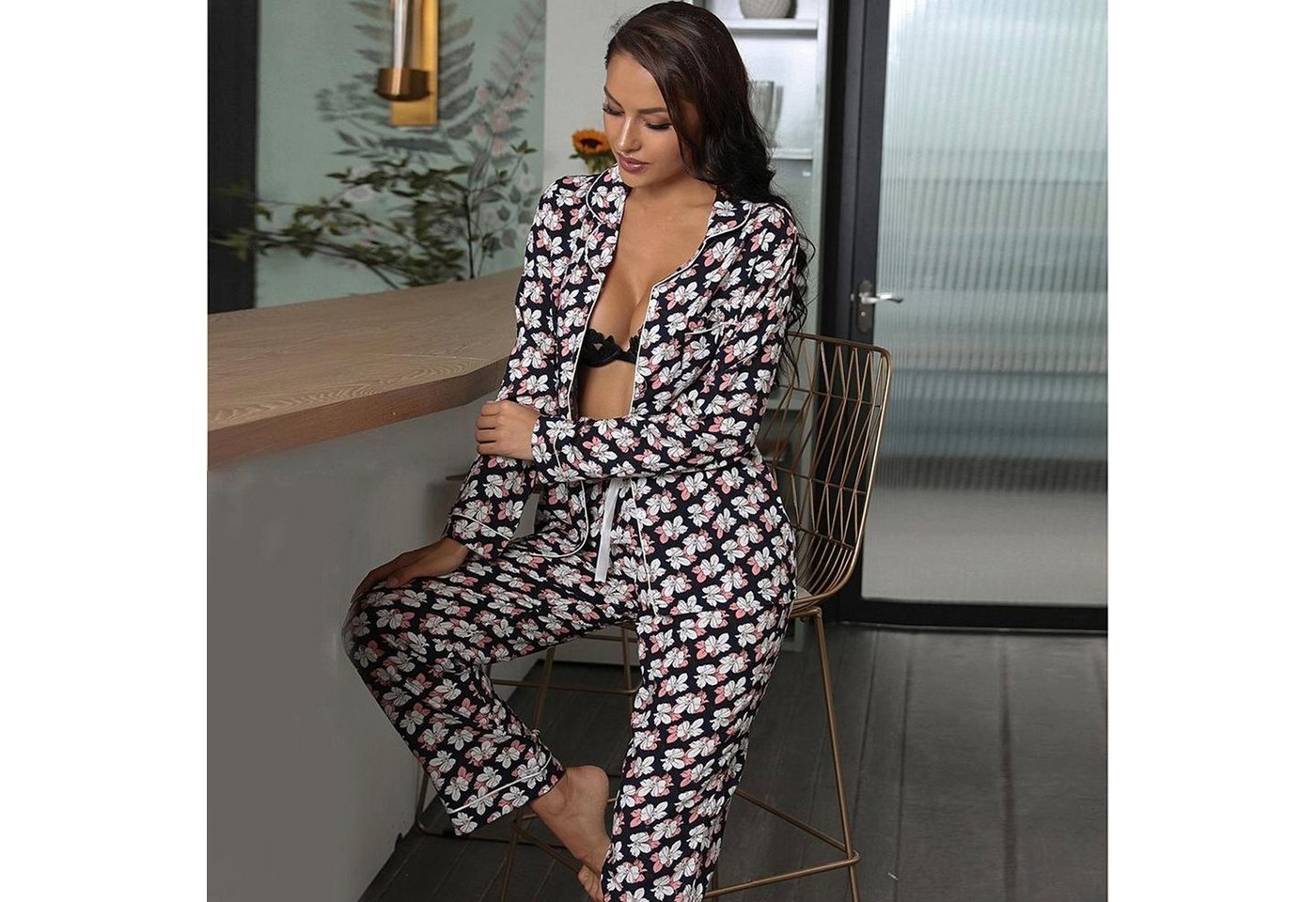 AUKUU Pyjama Homewear Homewear Cardigan Langarm Lange Hosen Pyjama Set Damen Herbst und Winter von AUKUU