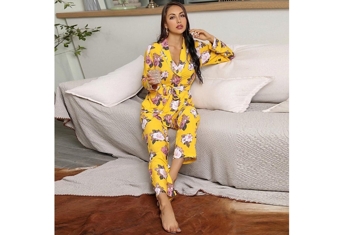 AUKUU Pyjama Homewear Homewear Cardigan Strappy Top Hose Herbst und Winter Pyjama Damen Zweiteiliges Set von AUKUU