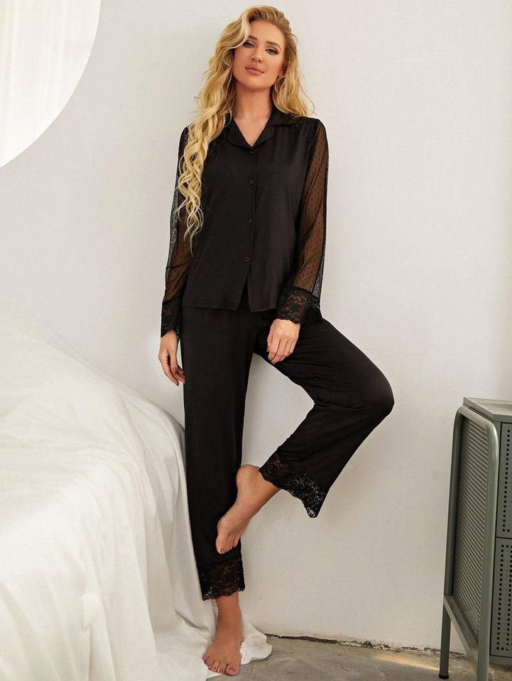 AUKUU Pyjama Homewear Homewear Damen Pyjama Set aus einfarbigem Spitzen Mesh mit langen Ärmeln und Hosen von AUKUU