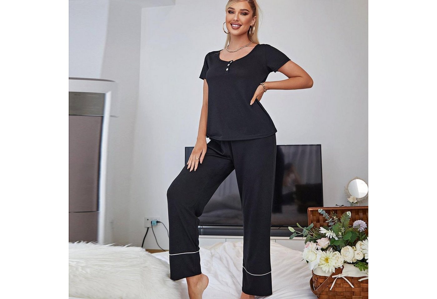 AUKUU Pyjama Homewear Homewear Set für Frühling und Sommer einfarbig kurzärmelige Hose Pyjama für Damen von AUKUU