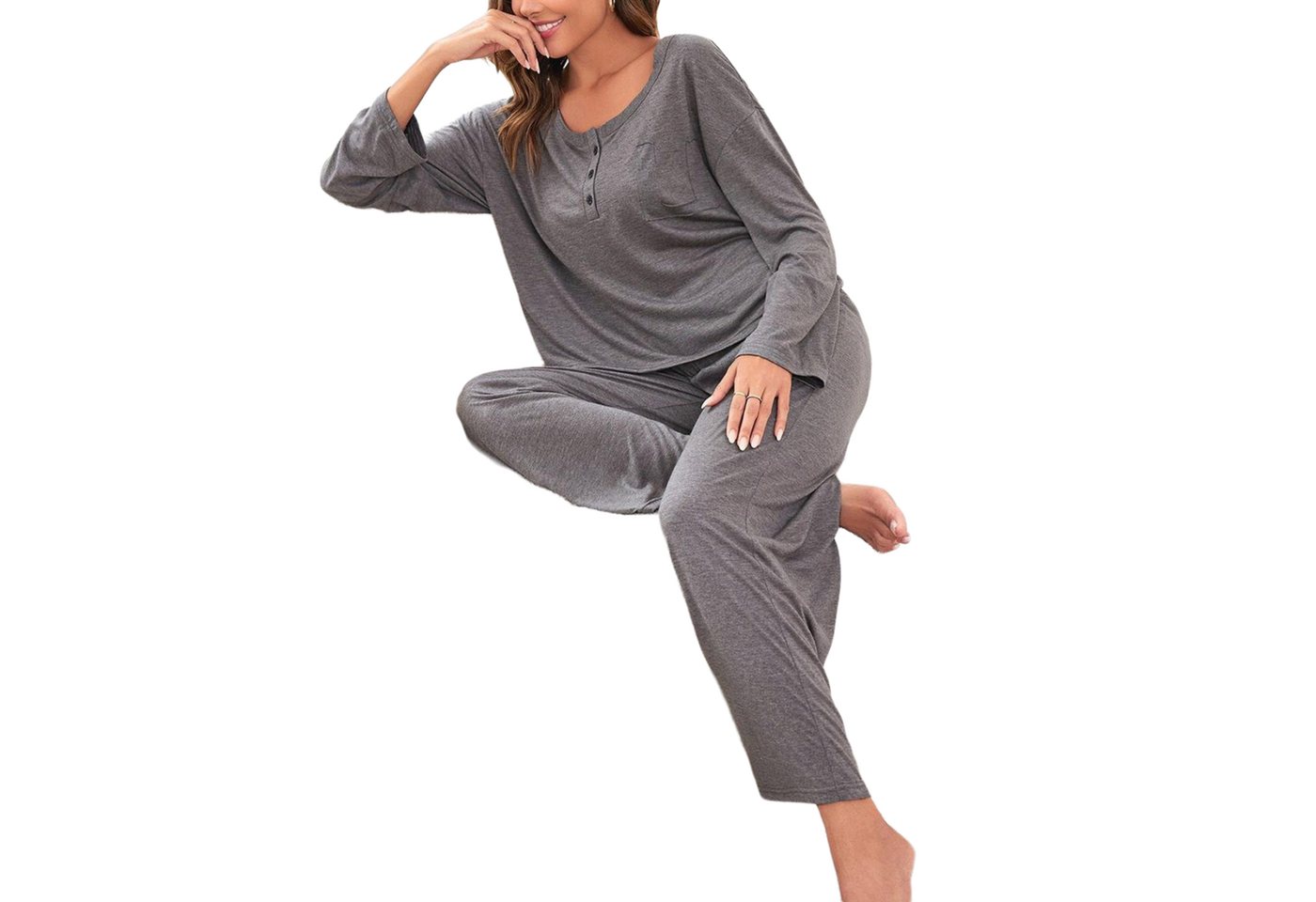 AUKUU Pyjama Pyjama Pyjama Damen Herbst und Winter Einfarbig Langarm Damen Homewear Set kann draußen getragen werden von AUKUU