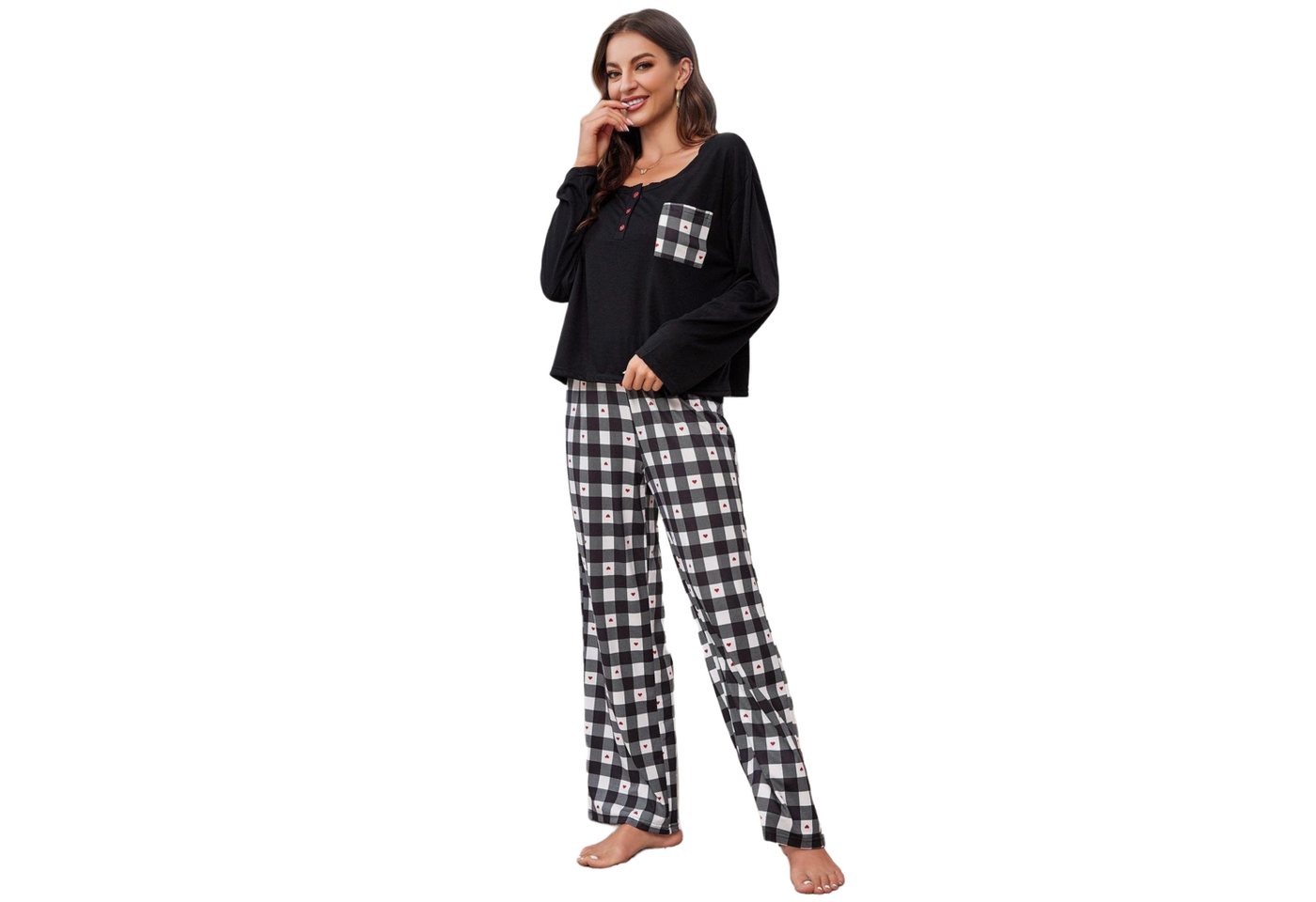 AUKUU Pyjama Pyjamas Pyjamas für Damen Frühling und Herbst karierte langärmelige Strickjacke Homewear zweiteiliges Set von AUKUU