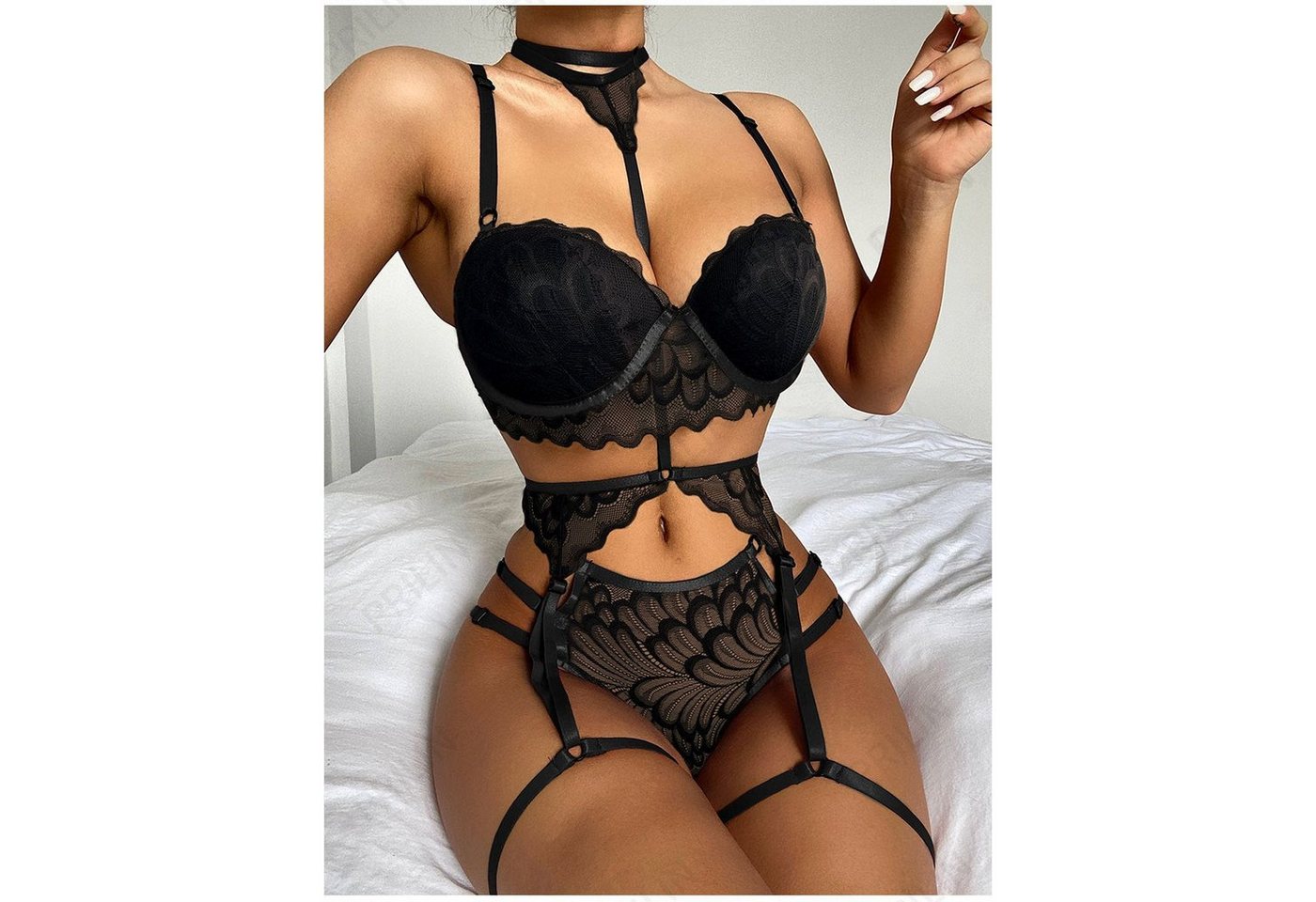 AUKUU Set: Corsage BH Set Unterwäsche sexy Damen Spitze Neckholder Hosenträger Set Heimkleidung von AUKUU