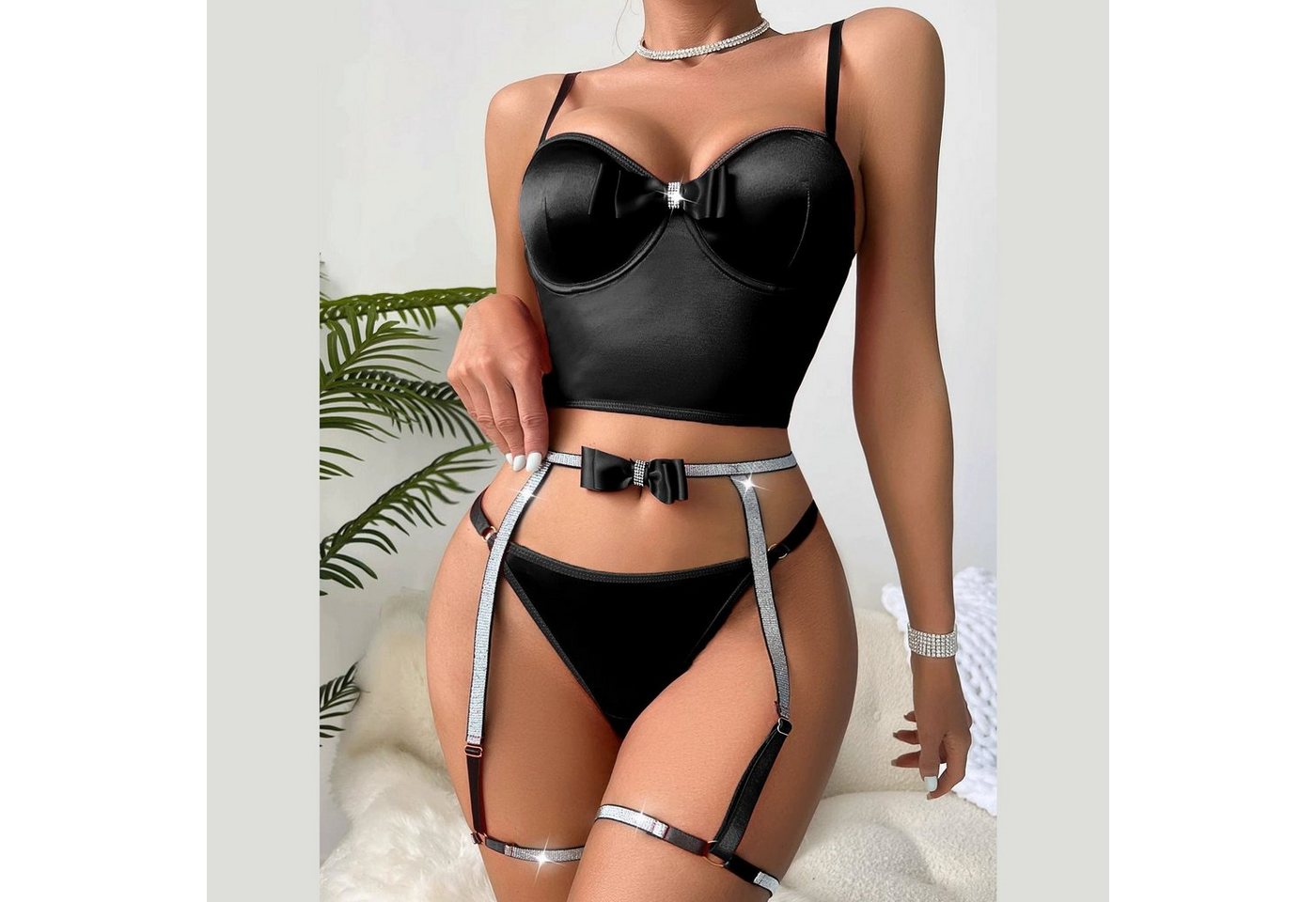 AUKUU Set: Corsage BH Set Unterwäsche sexy Damen Strumpfgürtel aus Milchseide dreiteiliges Set von AUKUU