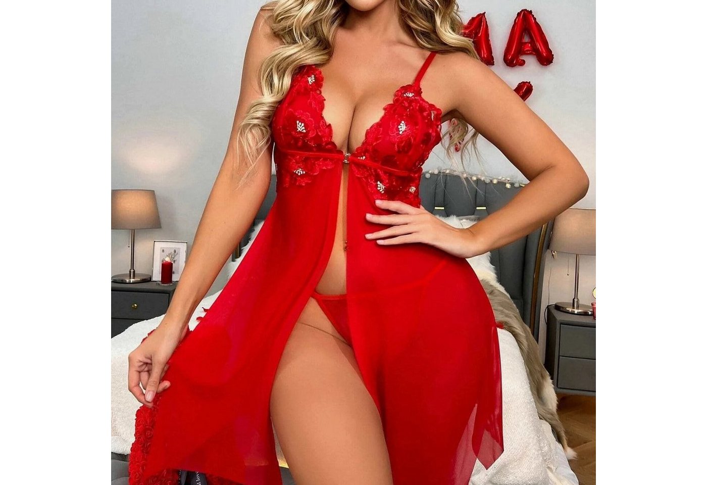 AUKUU Set: Corsage BH Set Unterwäsche sexy junge Frauen rotes Mesh Straps Nachthemd Heimkleidung von AUKUU