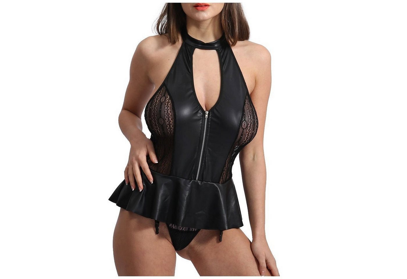 AUKUU Set: Corsage BH Set sexy Set sexy Damen Neckholder Mesh Hohl Lackleder Minirock sexy Dessous von AUKUU