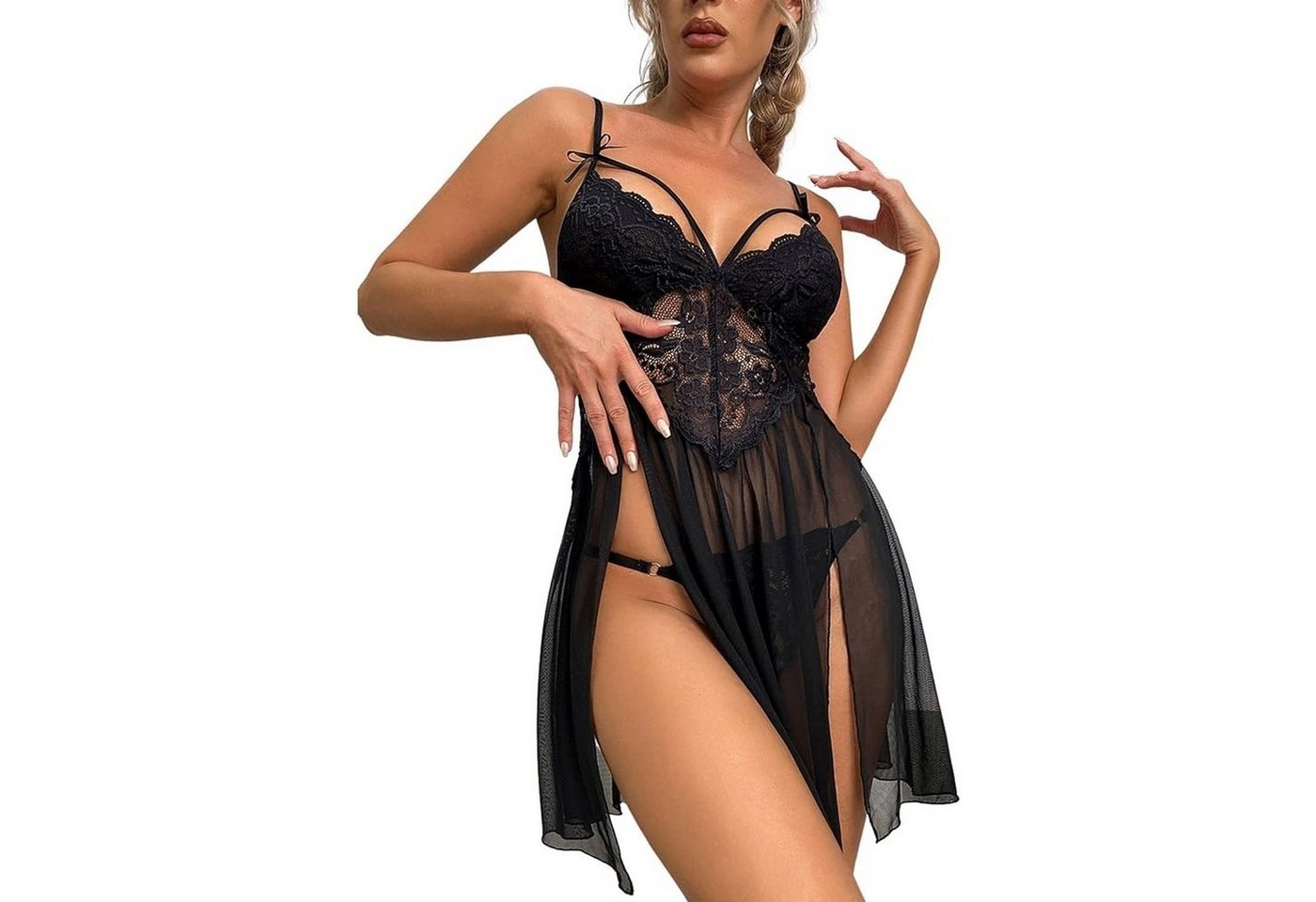 AUKUU Set: Corsage BH Sexy Nachthemd Mesh Unterwäsche Damen Spitze V Ausschnitt von AUKUU