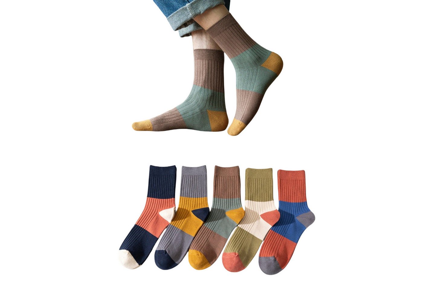 AUKUU Socken Farbblockierte Farbblockierte Herren Business Freizeitsocken für Herbst und Winter 5 Paar Ganzjahressocken von AUKUU