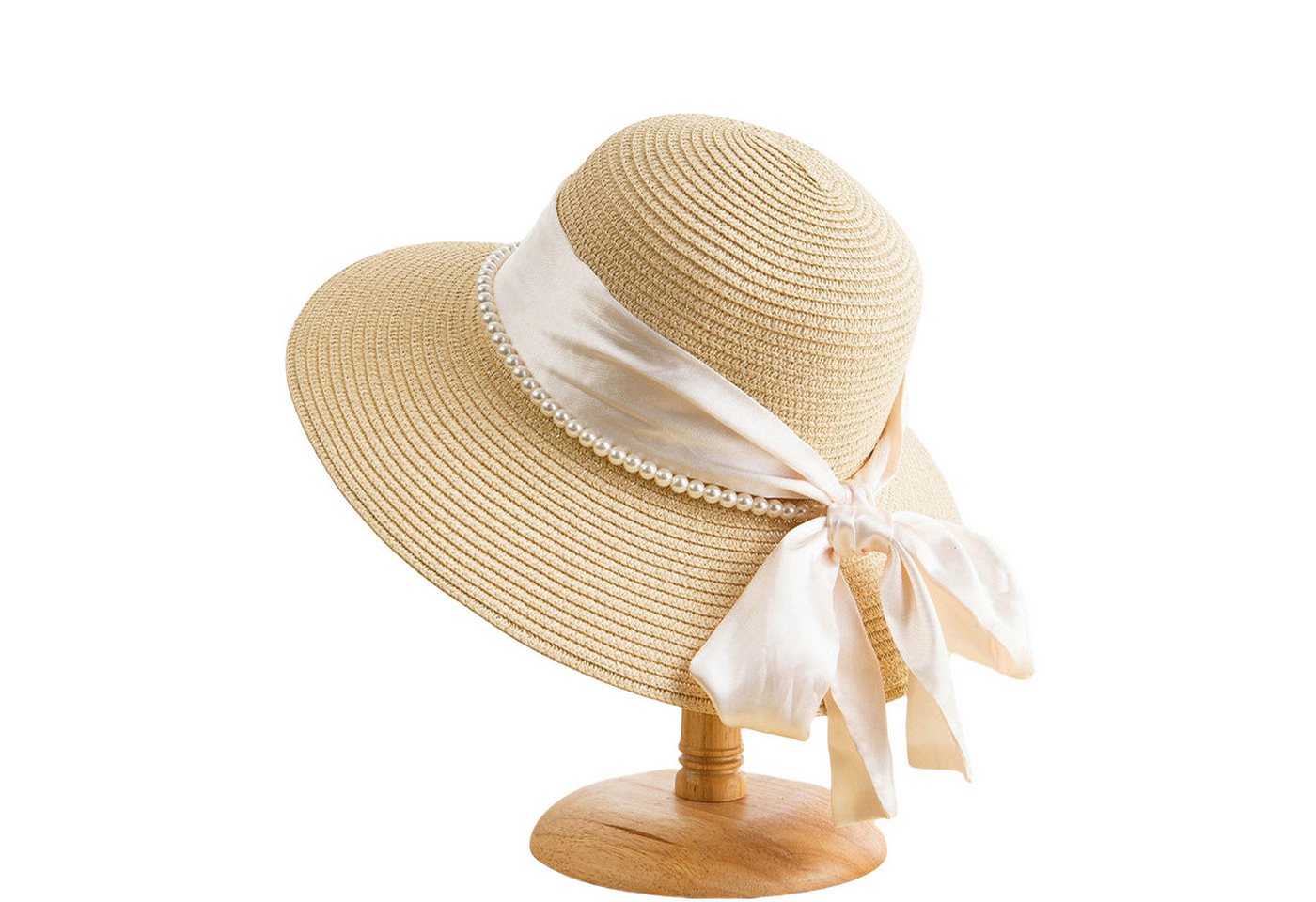 AUKUU Sonnenhut Eleganter Eleganter Strohhut für Damen Sommer Sonnenhut mit Kuppel Schleife Perlen Meer Reisen Urlaub Strand von AUKUU