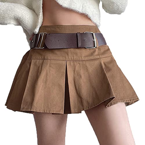 AULKEEP Mini-Gürtel für Damen, College-Stil, schwingend, A-Linie, Faltenrock, Vintage-Rüschen, kurz, braun, Gürtel braun, Mittel von AULKEEP
