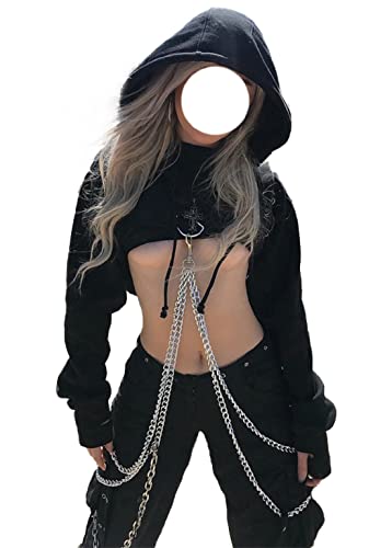 Gothic Punk Langarm Kapuze Crop Tops Halloween Rave Skelett Maske Hoodie Sweatshirt, Schwarz (3), M von AULKEEP