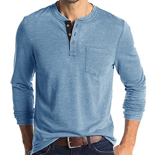 Henley-T-Shirt für Herren, langärmelig, Baumwolle, lässig, modisch, Tasche-lblau, XL von AUMELR