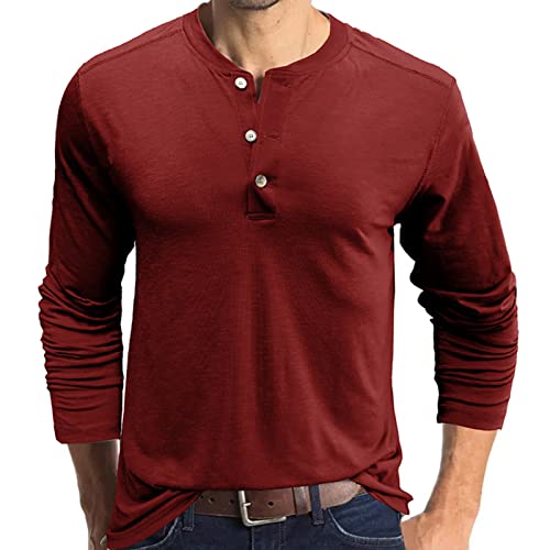 Henley-T-Shirt für Herren, langärmelig, Baumwolle, lässig, modisch, rot, S von AUMELR