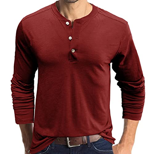 Henley-T-Shirt für Herren, langärmelig, Baumwolle, lässig, modisch, rot, XXL von AUMELR