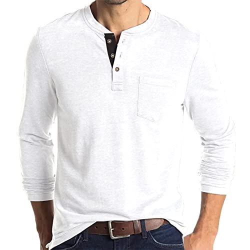 Herren-T-Shirt, langärmlig, Baumwolle, Henley-Shirt, leger, modisch, Taschenweiß, XXL von AUMELR