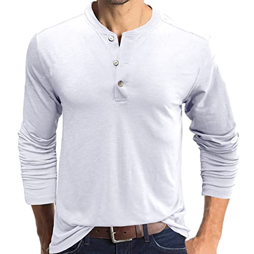 Herren-T-Shirt, langärmlig, Baumwolle, Henley-Shirt, leger, modisch, weiß, S von AUMELR