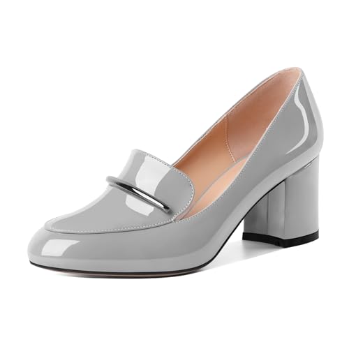 AUMOTED Chunky Heel Pumps für Frauen Runde Zehe Fersen Bequeme Block Heel Slip On High Heel Loafer Modische Schuhe für Frauen Lackleder 2,5 Zoll Grau von AUMOTED
