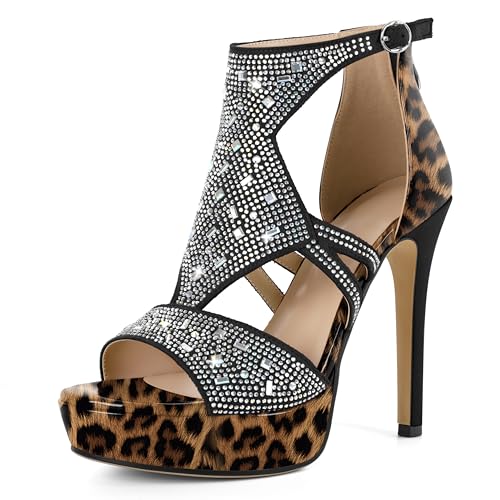AUMOTED Damen Gladiator Heels High-Heel-Sandalen Offene Zehen Sandalen Riemchen Heels mit Strasssteinen Plateau Sandalen Hochzeitsschuhe Leopard 4,9 Zoll EU36 von AUMOTED