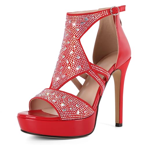 AUMOTED Damen Gladiator Heels High-Heel-Sandalen Offene Zehen Sandalen Riemchen Heels mit Strasssteinen Plateau Sandalen Hochzeitsschuhe Rot 4,9 Zoll EU36 von AUMOTED