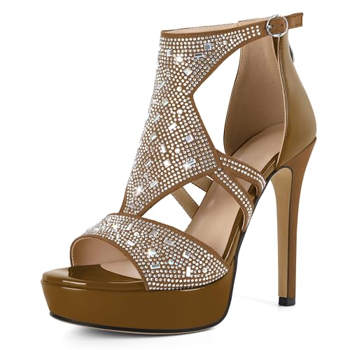 AUMOTED Damen Gladiator-Heels Riemchen-Sandalen mit Absatz Bequeme Plateausandalen Elegante Schuhe mit Strasssteinen Stilvolle offene Zehen-Heels Braun 4,9 Zoll EU42 von AUMOTED