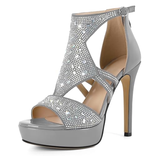 AUMOTED Damen Gladiator-Heels Riemchen-Sandalen mit Absatz Bequeme Plateausandalen Elegante Schuhe mit Strasssteinen Stilvolle offene Zehen-Heels Grau 4,9 Zoll EU42 von AUMOTED