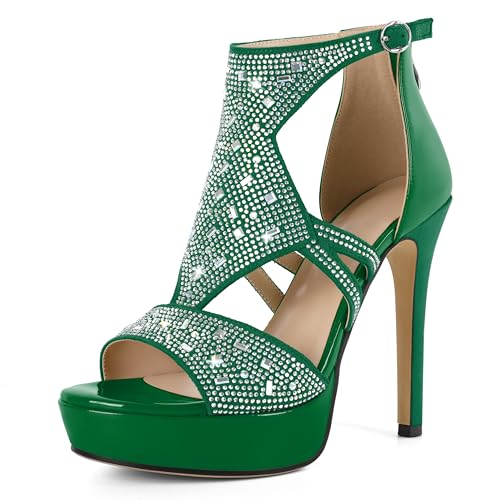 AUMOTED Damen Gladiator-Heels Riemchen-Sandalen mit Absatz Bequeme Plateausandalen Elegante Schuhe mit Strasssteinen Stilvolle offene Zehen-Heels Grün 4,9 Zoll EU42 von AUMOTED