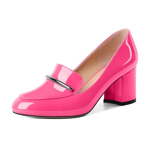 AUMOTED Damen Hochhackige Loafers Chunky Heel Block Pumps Runde Zehe Absatz Elegante Pumps Heißes Rosa Loafers Lackleder 2.5 Inch von AUMOTED