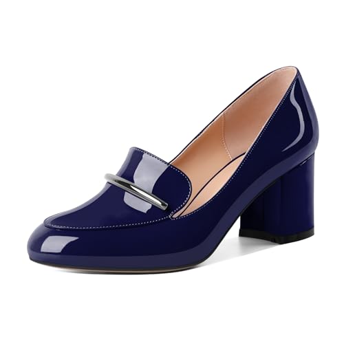 AUMOTED Damen Hochhackige Loafers Chunky Heel Block Pumps Runde Zehe Absatz Elegante Pumps Marineblau Loafers Lackleder 2.5 Inch von AUMOTED