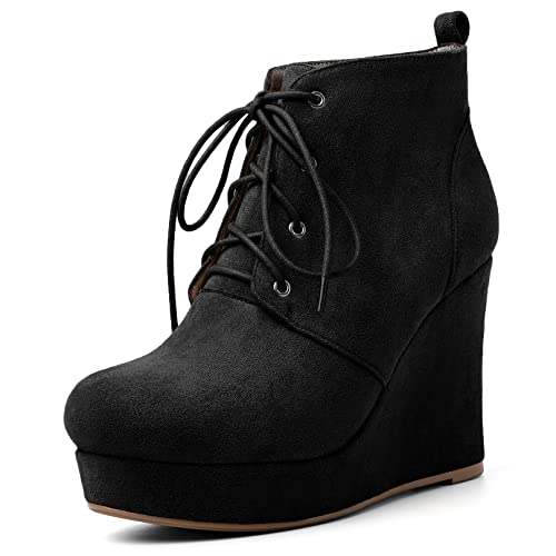 AUMOTED Damen Keilabsatz Plattform Hoher High Absatz Heel Stiefeletten Runde Geschlossene Zehenkappe Schnüren Schnürung Schuhe Dress Büroschuhe Klassisch 10 CM Wildleder Black EU 42 von AUMOTED