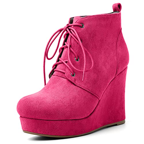 AUMOTED Damen Keilabsatz Plattform Hoher High Absatz Heel Stiefeletten Runde Geschlossene Zehenkappe Schnüren Schnürung Schuhe Dress Büroschuhe Klassisch 10 CM Wildleder Hot Pink EU 40 von AUMOTED