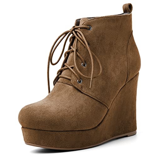 AUMOTED Damen Keilabsatz Plattform Hoher High Absatz Heel Stiefeletten Runde Geschlossene Zehenkappe Schnüren Schnürung Schuhe Dress Büroschuhe Klassisch 10 CM Wildleder Light Brown EU 45 von AUMOTED