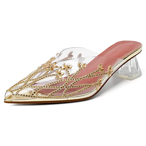 AUMOTED Damen Mule Mid Stripes Heel Klar Sandalen Strass Slipper Peep Toe Schuhe Hochzeit 3,8 cm, Gold, 6 von AUMOTED