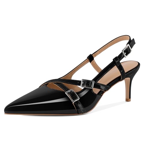 AUMOTED Damen Niedrige Absätze Spitz Toe Slingback Pumps Bequeme Schnalle Heels Kätzchen Frauen Schuhe Office Party 2.5" Schwarz Lackleder EU39 von AUMOTED