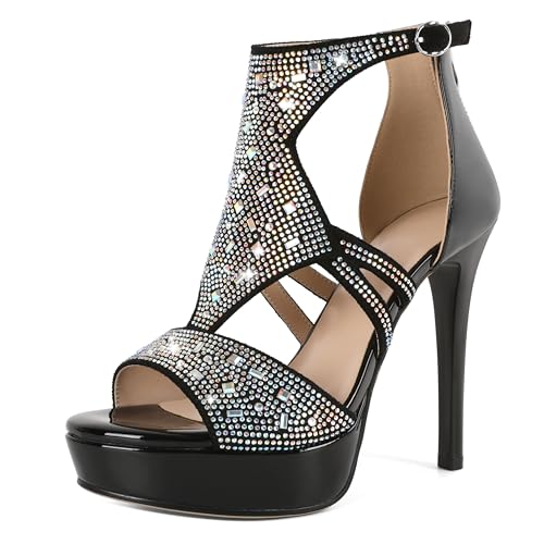 AUMOTED Damen-Plateauschuhe Elegante Gladiator-Sandalen Strass-Absatzschuhe Riemchen-Absatzschuhe Offene Zehen-Absatzschuhe für Meetings 4,9 Zoll Schwarz EU40 von AUMOTED