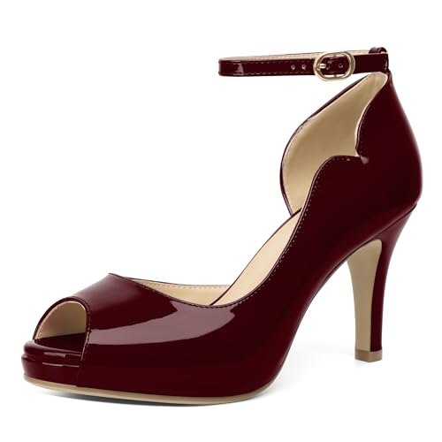AUMOTED Damen Plateauschuhe Elegante Peep Toe Schuhe Bequeme Schuhe mit Hohem Absatz für Party und Büro Klassischer Stiletto Absatz Lackleder Burgundisch EU36 von AUMOTED