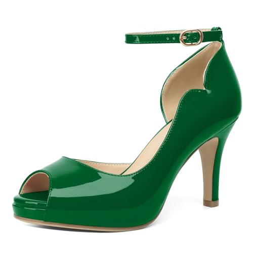 AUMOTED Damen Plateauschuhe Elegante Peep Toe Schuhe Bequeme Schuhe mit Hohem Absatz für Party und Büro Klassischer Stiletto Absatz Lackleder Grün EU36 von AUMOTED