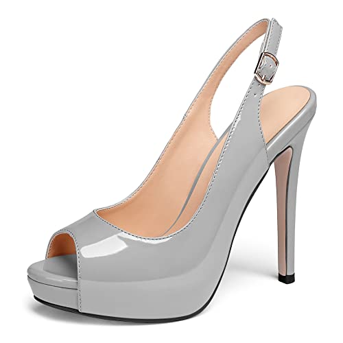 AUMOTED Damen Plateauschuhe Modische Slingback Heel Klassische Stilettos mit Hohem Absatz Elegante Peep Toe Heels für das Büro Lackleder Grau 4,7 Zoll EU37 von AUMOTED
