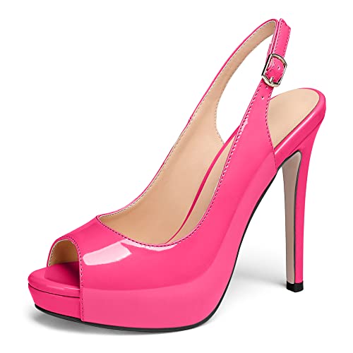 AUMOTED Damen Pumps mit Hohen Absätzen Bequeme Pump mit Stilettoabsatz Peep Toe Absatzschuhe Klassische Slingback Schuhe Plateau Pump für die Arbeit Lackleder Heißes Rosa 4,7 Zoll EU42 von AUMOTED
