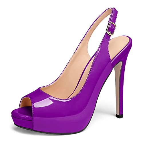AUMOTED Damen Pumps mit Hohen Absätzen Bequeme Pump mit Stilettoabsatz Peep Toe Absatzschuhe Klassische Slingback Schuhe Plateau Pump für die Arbeit Lackleder Lila 4,7 Zoll EU42 von AUMOTED