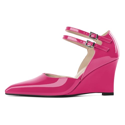 AUMOTED Damen Pumps mit Keilabsatz High Heel Pump mit Metallschnalle Modische Pumpen mit spitzer Zehenpartie für den Freizeitbereich 3,4 Zoll Heißes Rosa Lackleder EU36 von AUMOTED