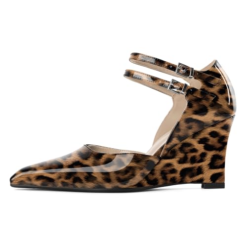 AUMOTED Damen Pumps mit Keilabsatz High Heel Pump mit Metallschnalle Modische Pumpen mit spitzer Zehenpartie für den Freizeitbereich 3,4 Zoll Leopard Lackleder EU36 von AUMOTED