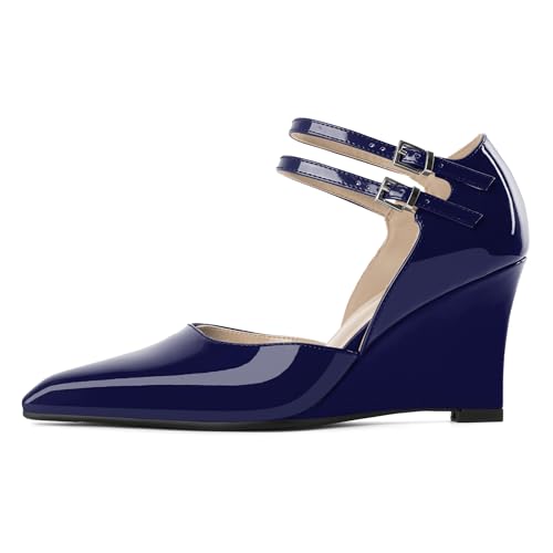 AUMOTED Damen Pumps mit Keilabsatz High Heel Pump mit Metallschnalle Modische Pumpen mit spitzer Zehenpartie für den Freizeitbereich 3,4 Zoll Marineblau Lackleder EU36 von AUMOTED
