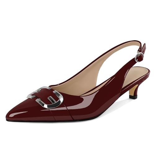 AUMOTED Damen Pumps mit Spitzer Zehenpartie Niedrige Niedliche Pump mit Spitzer Zehenpartie Slingback Absatzschuhe Büroarbeit Mental Schnalle 1,6 Zoll Burgundisch Lackleder EU42 von AUMOTED