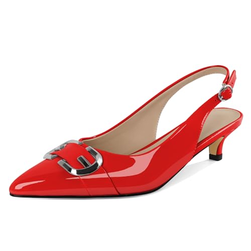 AUMOTED Damen Pumps mit Spitzer Zehenpartie Niedrige Niedliche Pump mit Spitzer Zehenpartie Slingback Absatzschuhe Büroarbeit Mental Schnalle 1,6 Zoll Rot Lackleder EU42 von AUMOTED